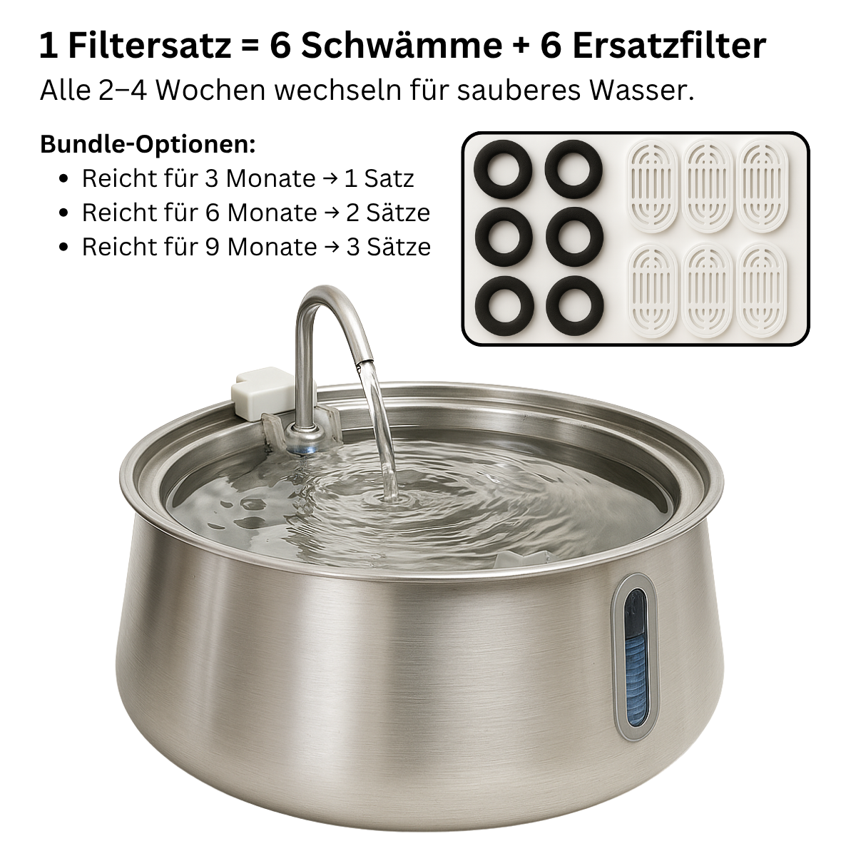 Miezico Katzen Trinkbrunnen aus Edelstahl – leise, hygienisch & filtert Wasser